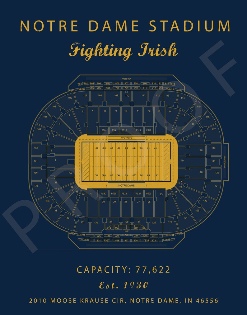 Notre Dame Notre Dame Stadium Seating Chart Fighting Irish Etsy